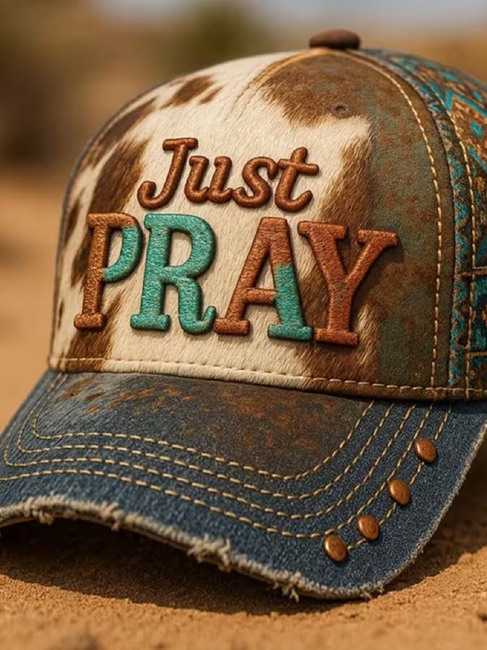 Fashion Baseball Cap with 'Just PRAY' Print - Distressed Brim